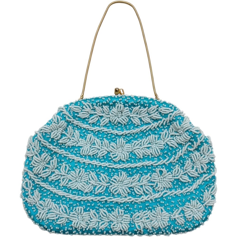 Vintage MCM Stylecraft Miami Turquoise Beaded Floral Evening Clutch Hong Kong
